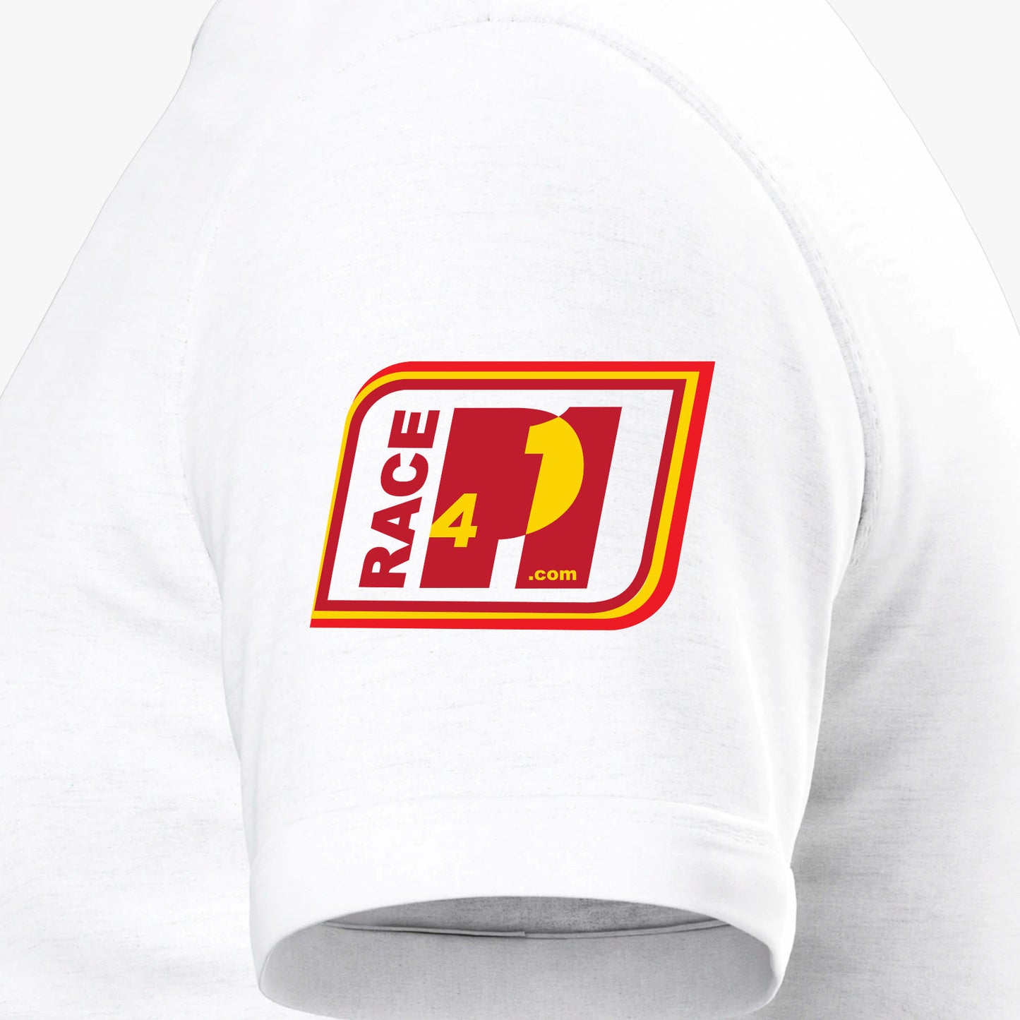 Close-up of Race4P1 sleeve patch on white I Love Racing Barcelona Catalunya Track Week 2026 t-shirt