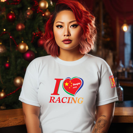 Female model wearing a white I Love Racing Shanghai Track Week 2026 t-shirt