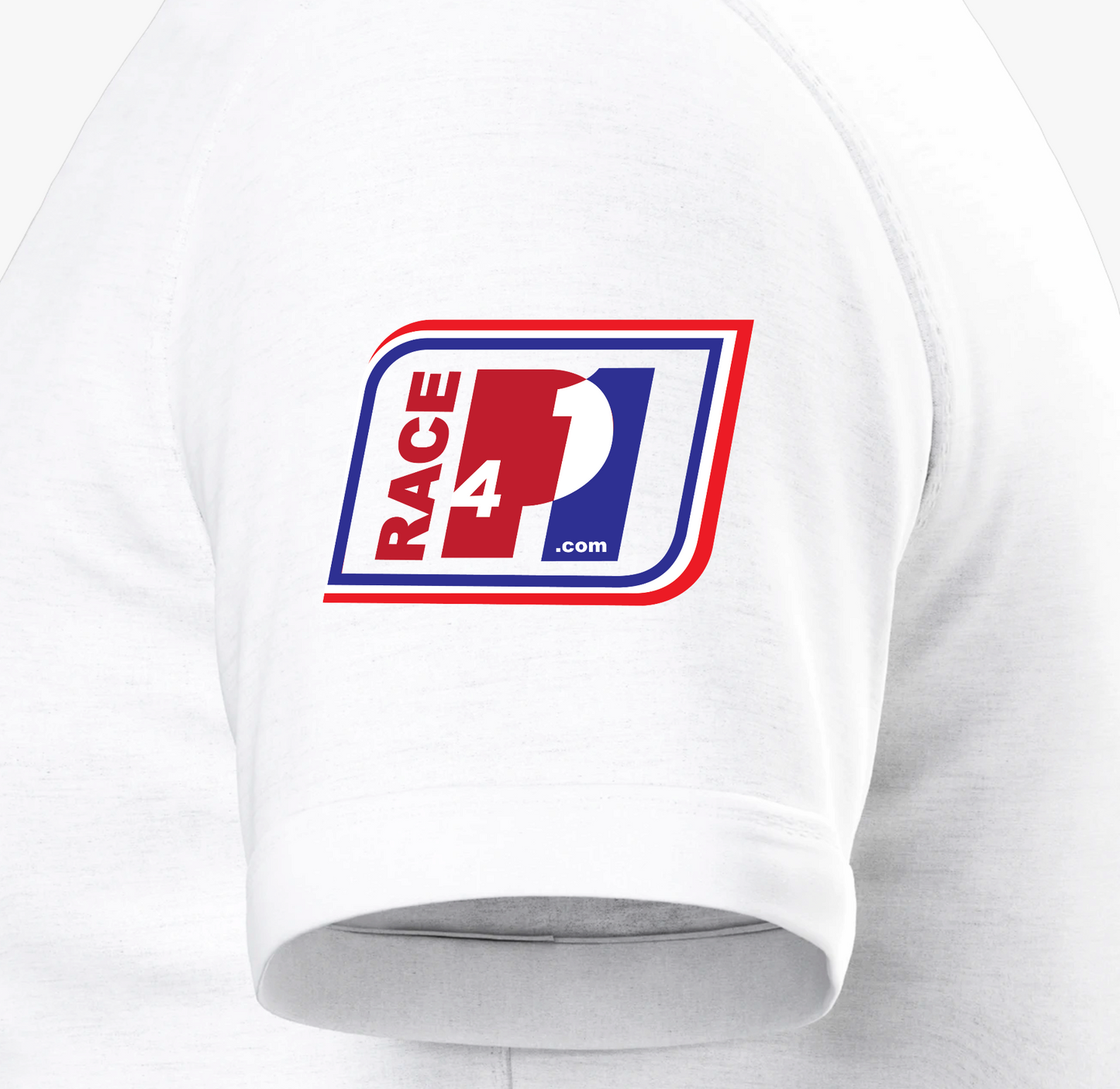 Close-up of Race4P1 sleeve patch on white premium unisex tee