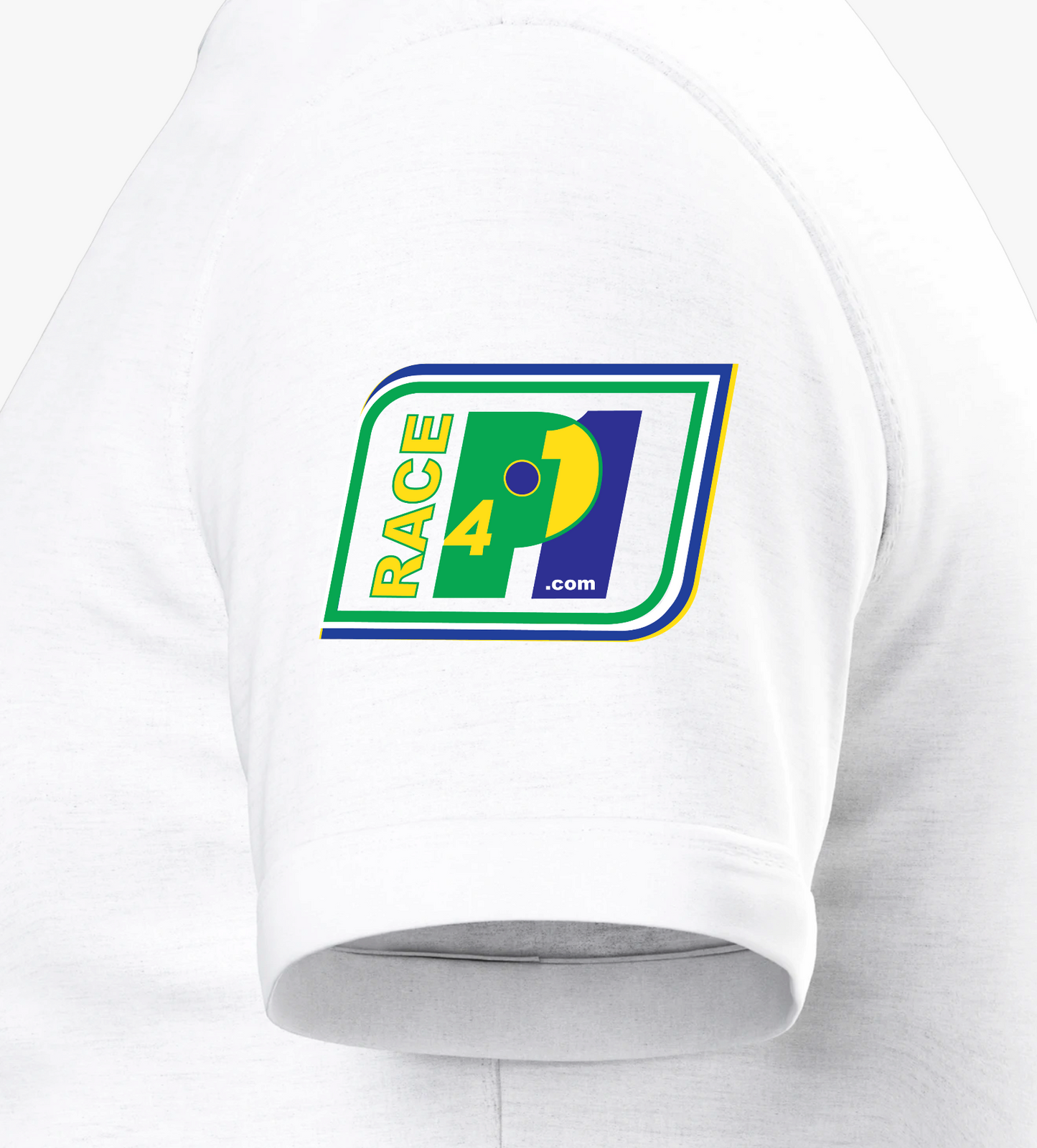Close-up of Race4P1 sleeve patch on white I Love Racing São Paulo Brazil Track Week 2026 T-shirt