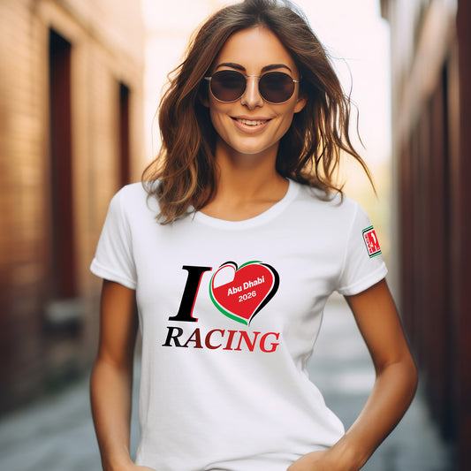 Female model wearing white I Love Racing Abu Dhabi Track Week 2026 t-shirt with UAE flag heart graphic