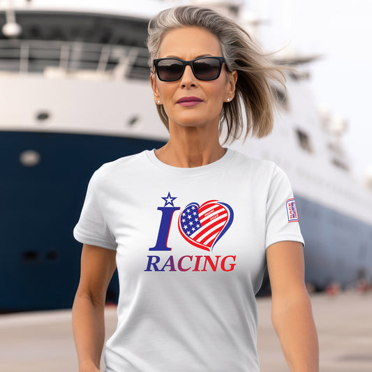 “Female model wearing white I Love Racing Miami Track Week 2026 tee with Miami 2026 USA flag heart design.”