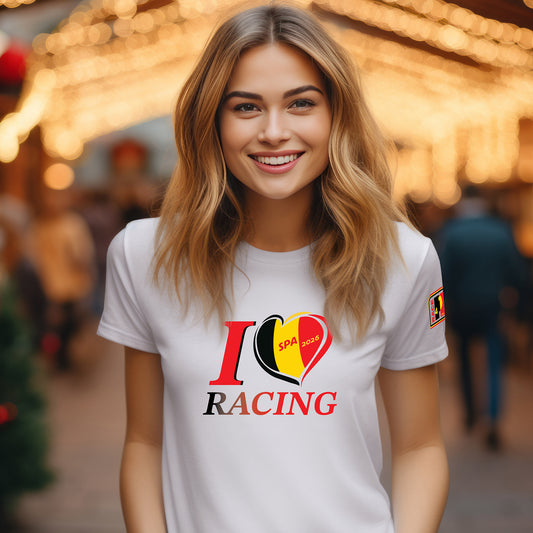 “Female model wearing white I Love Racing Spa Belgium 2026 t-shirt with heart graphic and Race4P1 sleeve logo”