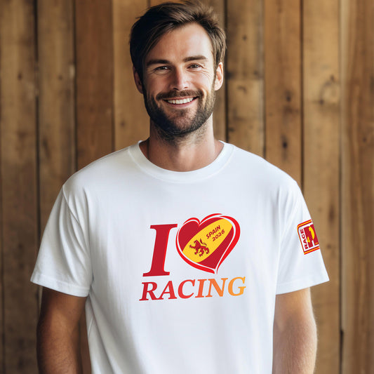 “Male model wearing white I Love Racing Spain 2026 t-shirt with heart graphic and Race4P1 sleeve logo”