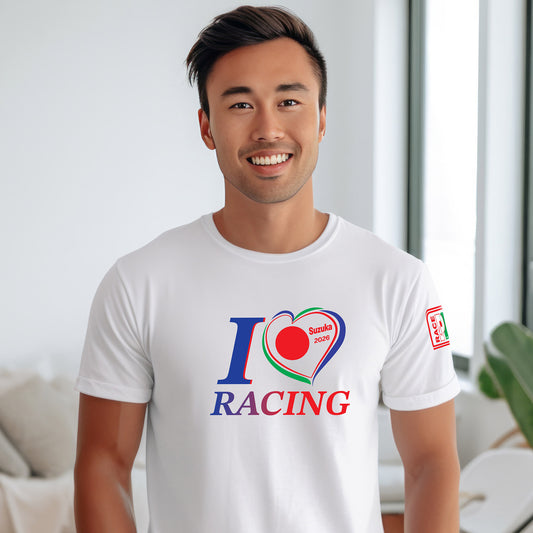 Male model wearing a white I Love Racing Suzuka Track Week 2026 t-shirt