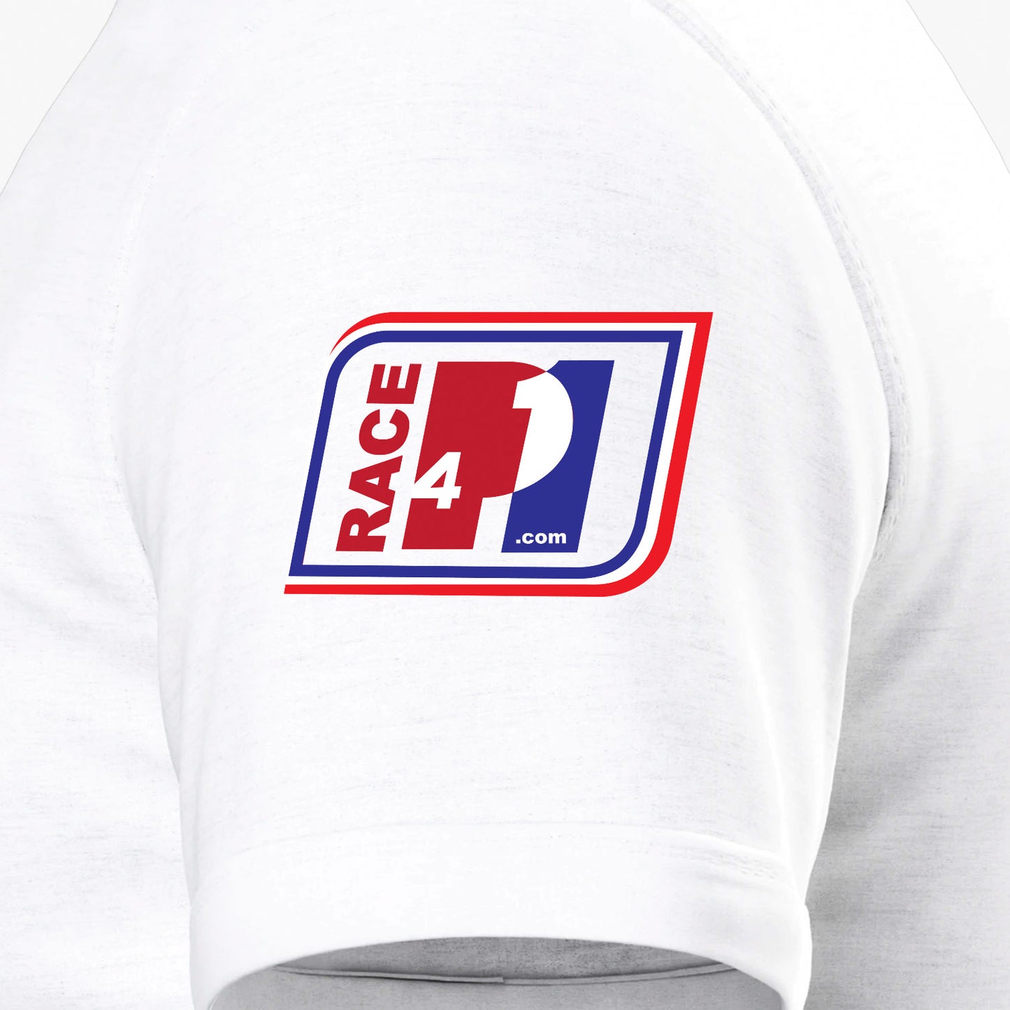 Close-up of Race4P1 sleeve patch on white I Love Racing Qatar Track Week 2026 t-shirt