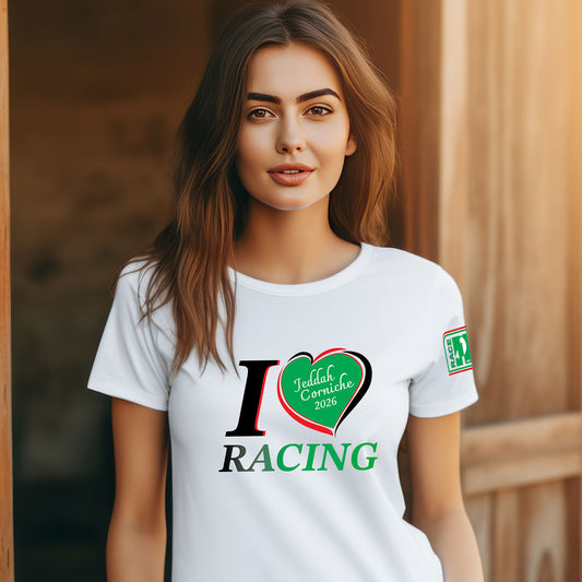 Female model wearing a white I Love Racing Jeddah Corniche Track Week 2026 t-shirt