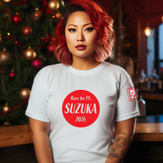 Female model wearing a white I Love Racing Suzuka Track Week 2026 t-shirt