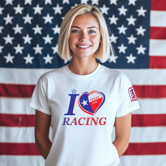 Female model wearing a white I Love Racing Texas Track Week 2026 t-shirt