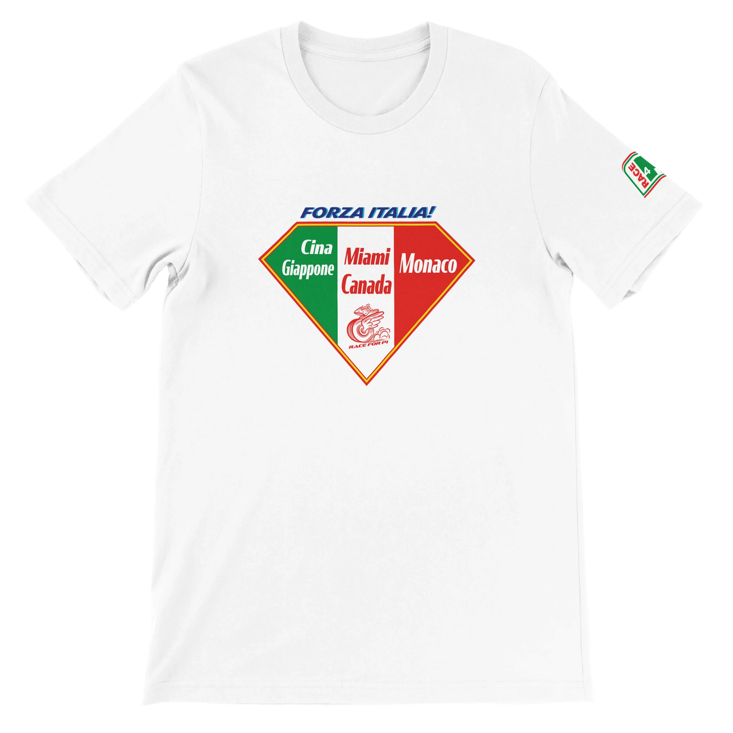 White Bella+Canvas 3001 tee with Forza Italia Five in a Row Italian flag diamond graphic — Race4P1 limited edition