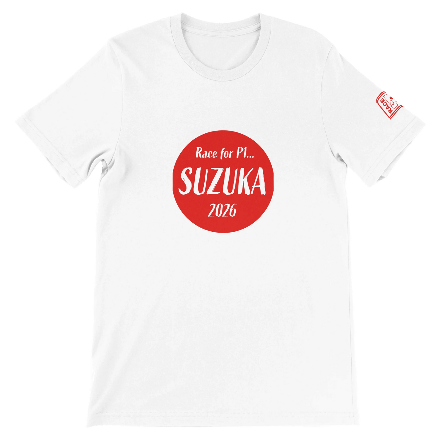 “White unisex t-shirt with red circle graphic reading Race for P1 Suzuka 2026”