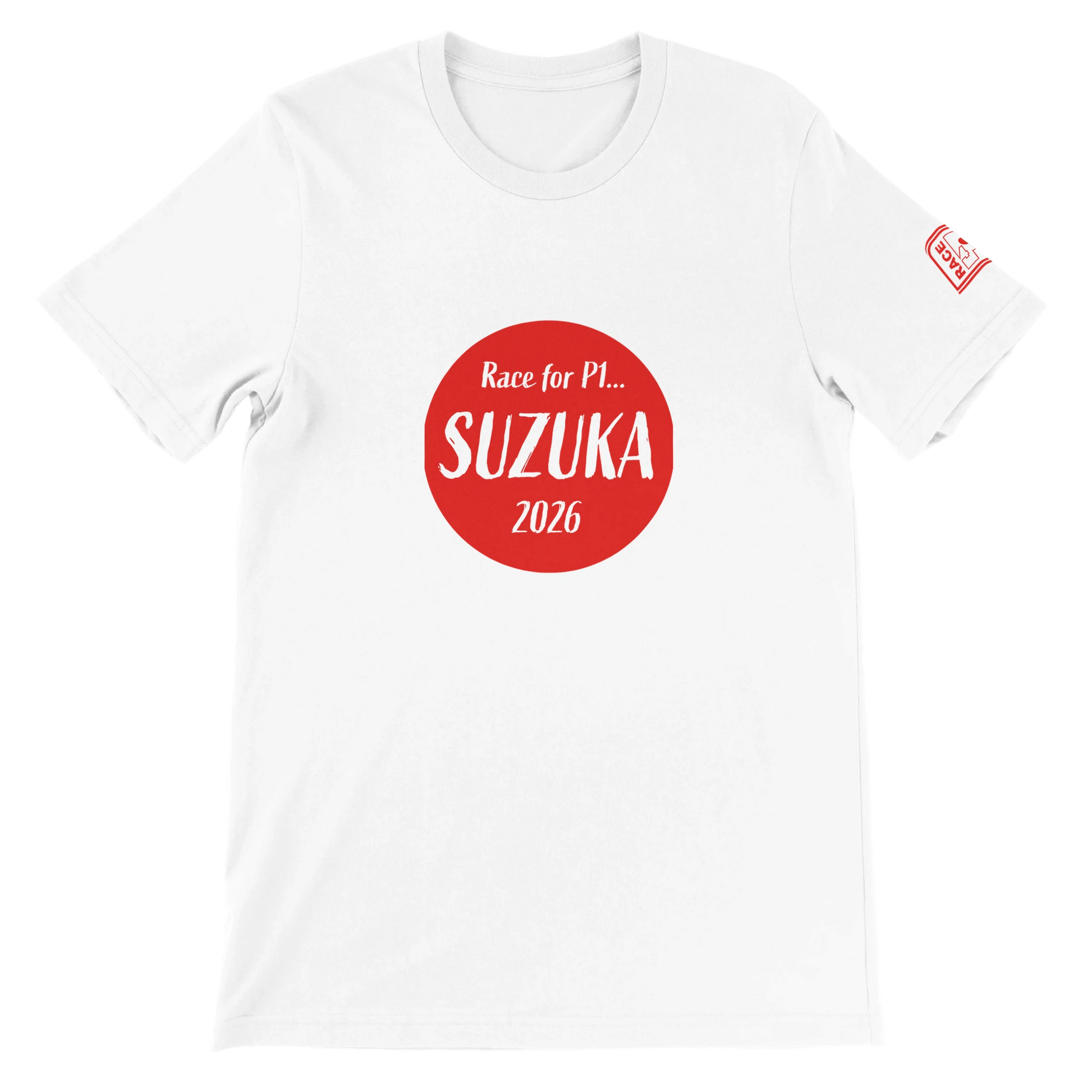 “White unisex t-shirt with red circle graphic reading Race for P1 Suzuka 2026”