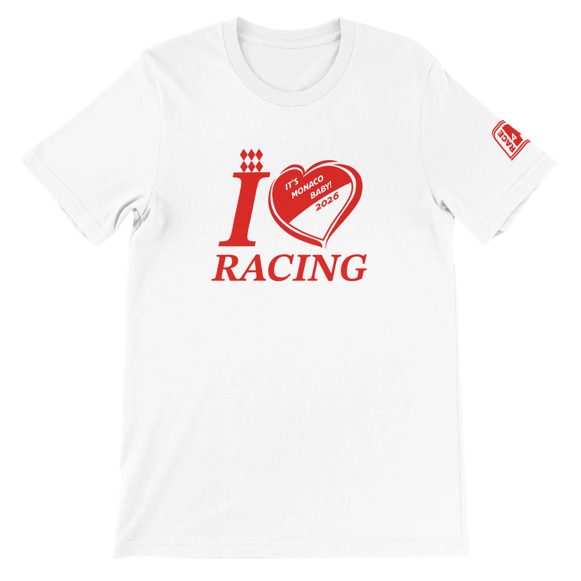 White Bella+Canvas 3001 t-shirt with It's Monaco Baby! I Love Racing 2026 graphic on the front