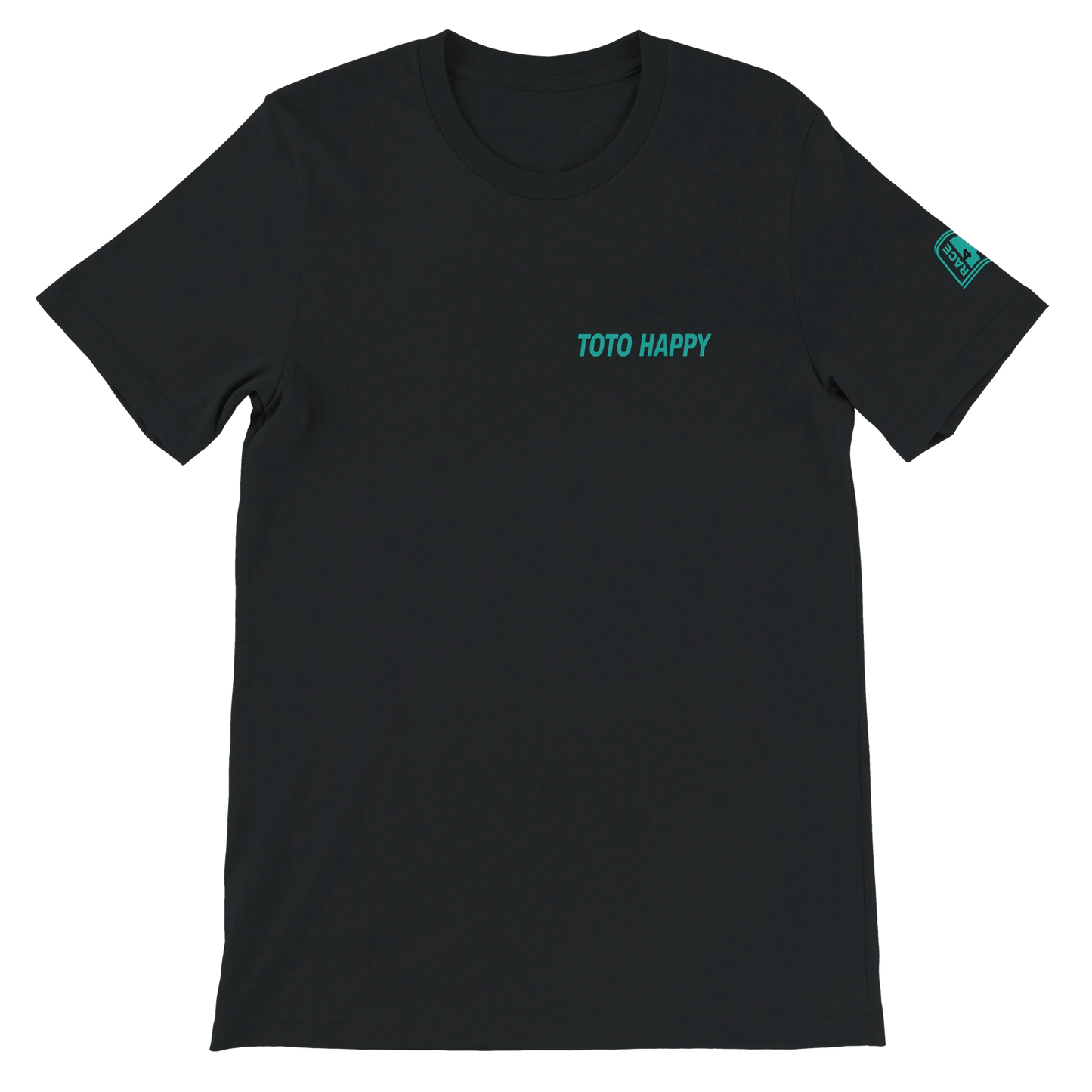 TOTO HAPPY Race4P1 Originals – small teal left chest print on black Bella+Canvas 3001 unisex tee