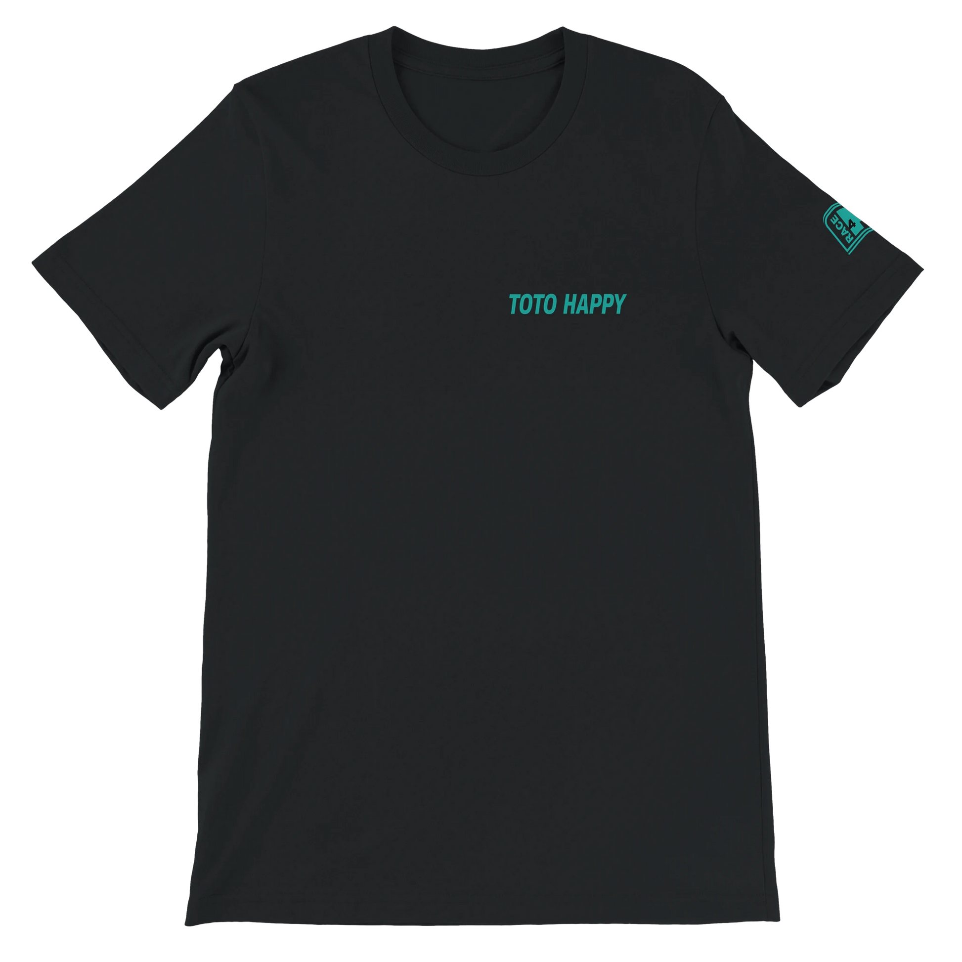 TOTO HAPPY Race4P1 Originals – small teal left chest print on black Bella+Canvas 3001 unisex tee