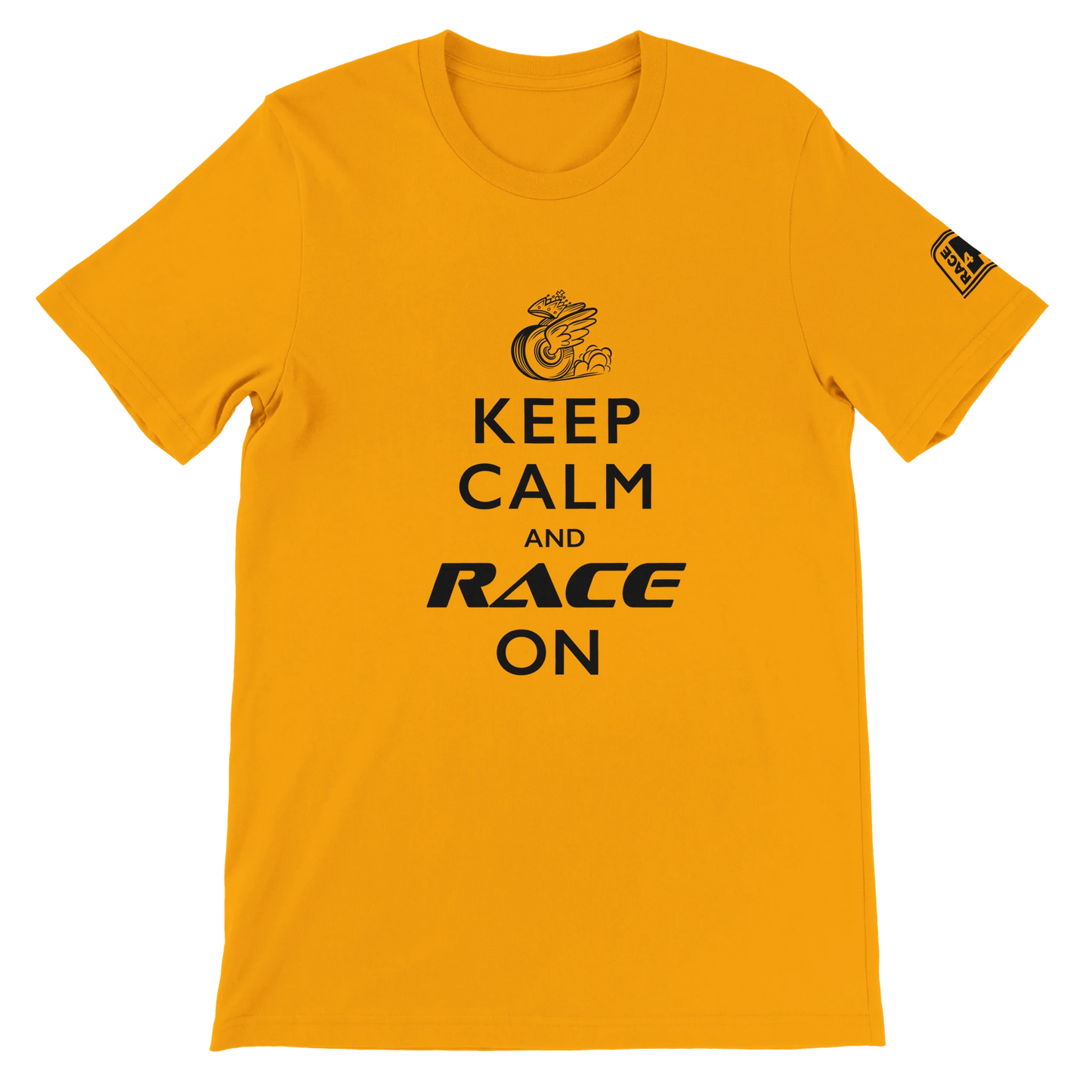 Keep Calm and Race On Race4P1 Originals – black print on papaya orange Bella+Canvas 3001 unisex tee