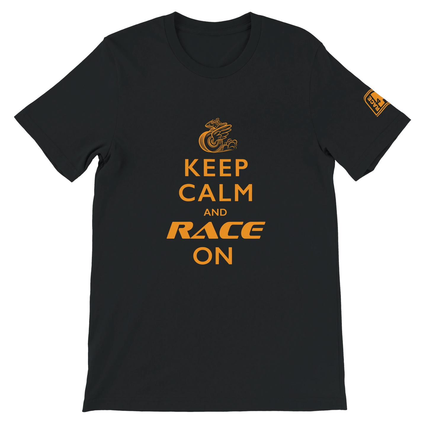 Keep Calm and Race On Race4P1 Originals – papaya orange print on black Bella+Canvas 3001 unisex tee