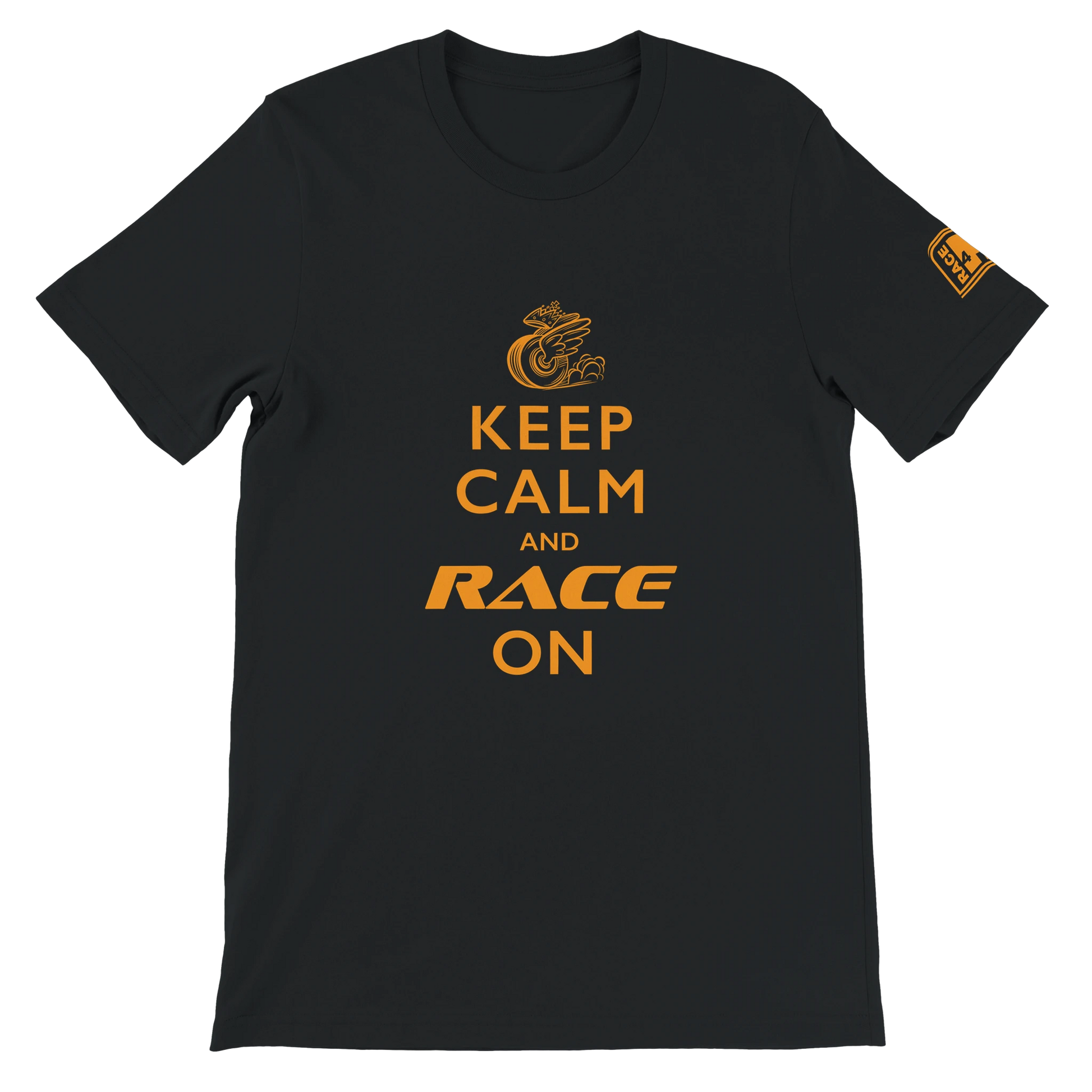 Keep Calm and Race On Race4P1 Originals – papaya orange print on black Bella+Canvas 3001 unisex tee