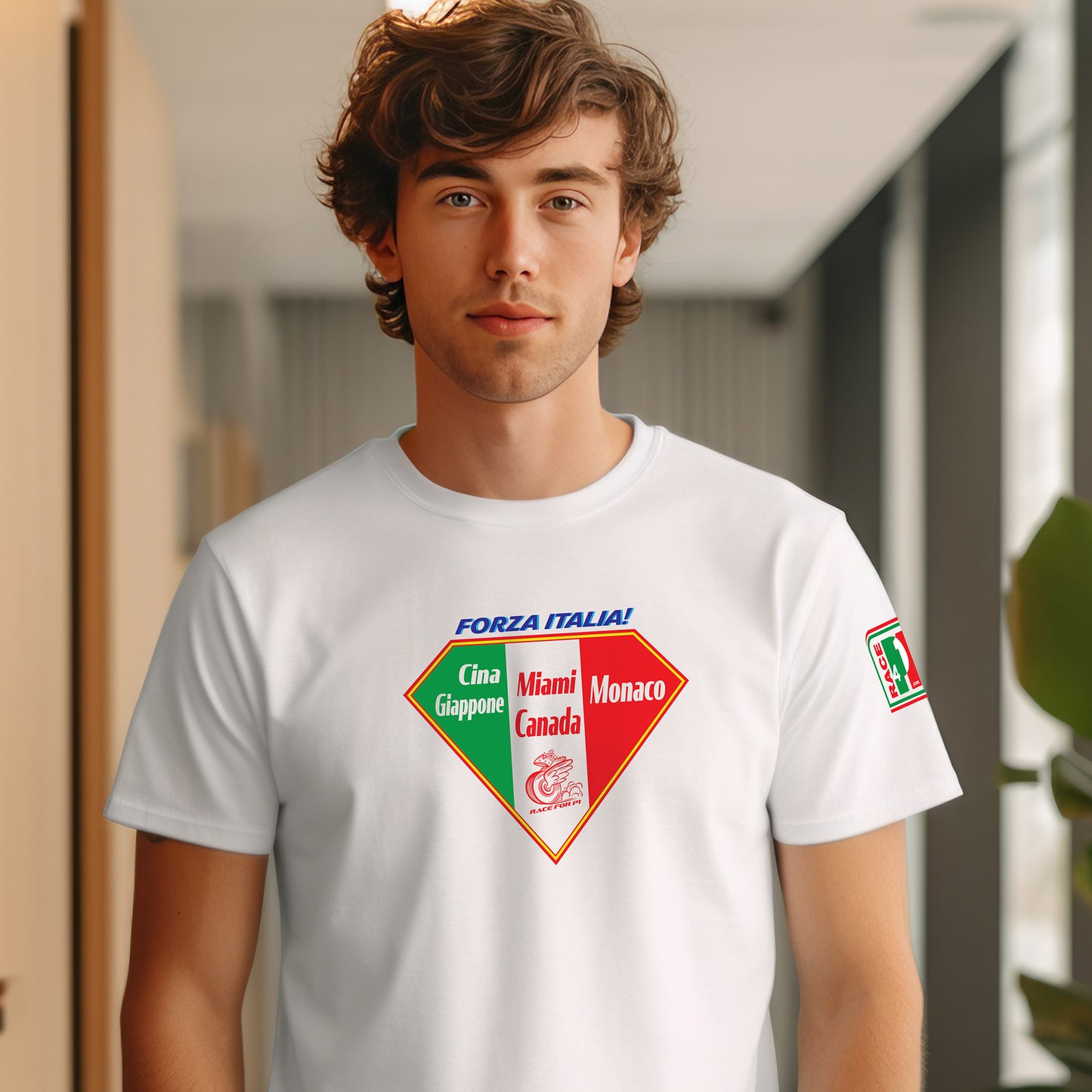 Male model wearing Forza Italia Five in a Row limited edition white tee — Race4P1 Monaco 2026