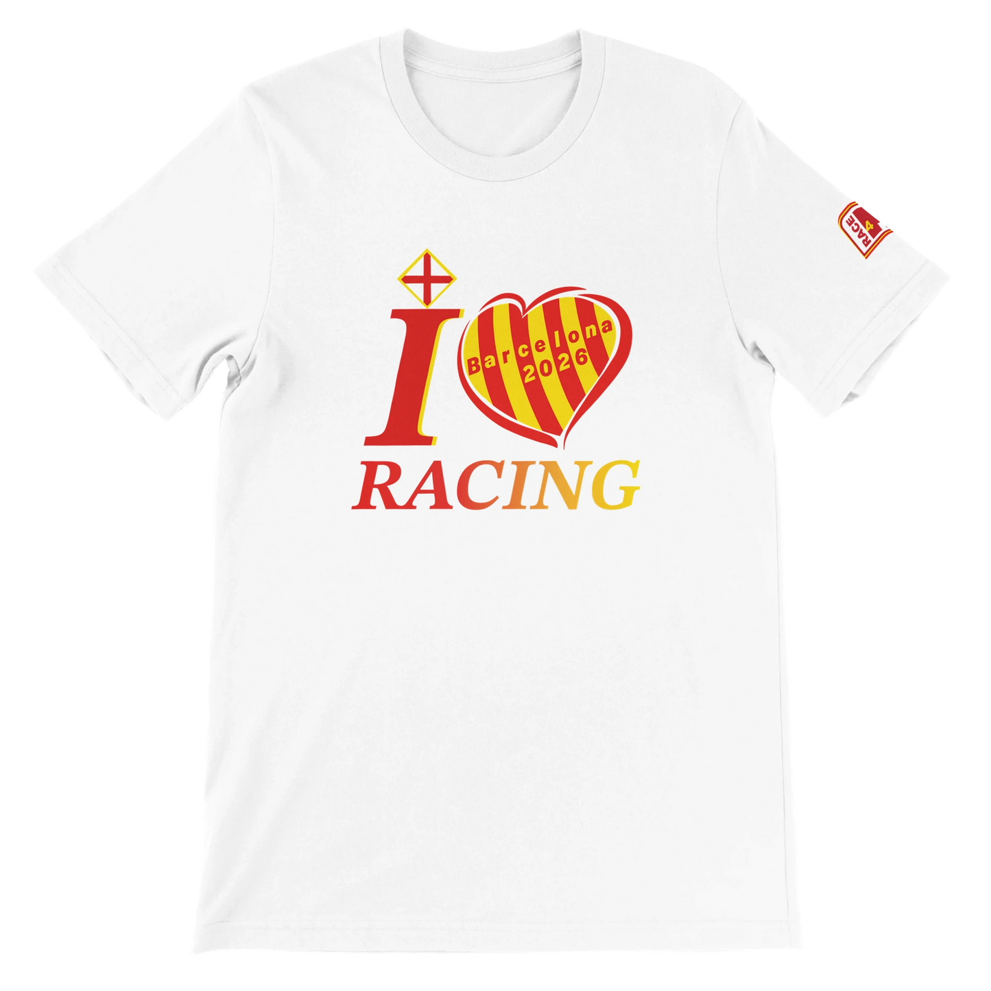 White Bella+Canvas 3001 t-shirt with I Love Racing Barcelona Catalunya 2026 Senyera heart graphic on the front