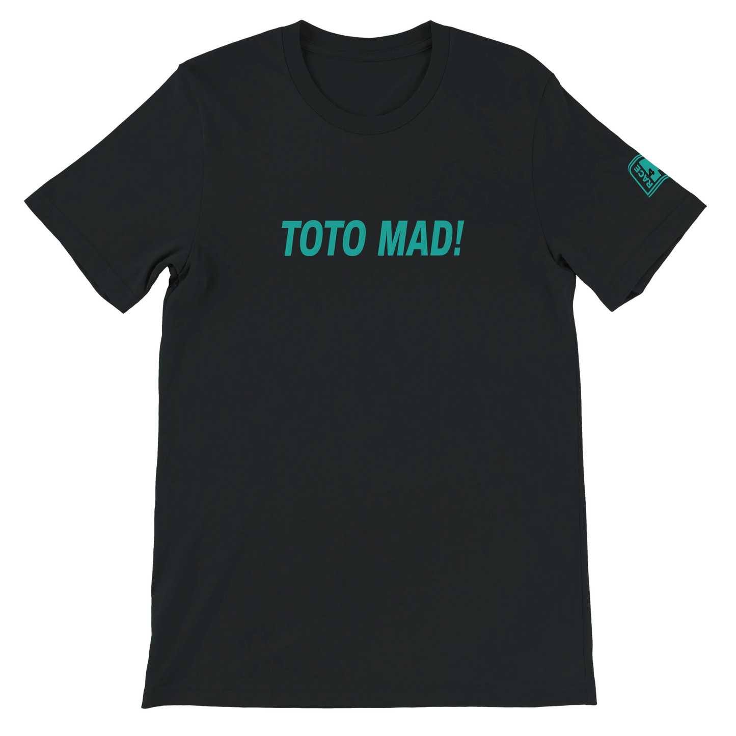 TOTO MAD! Race4P1 Originals – teal full chest print on black Bella+Canvas 3001 unisex tee