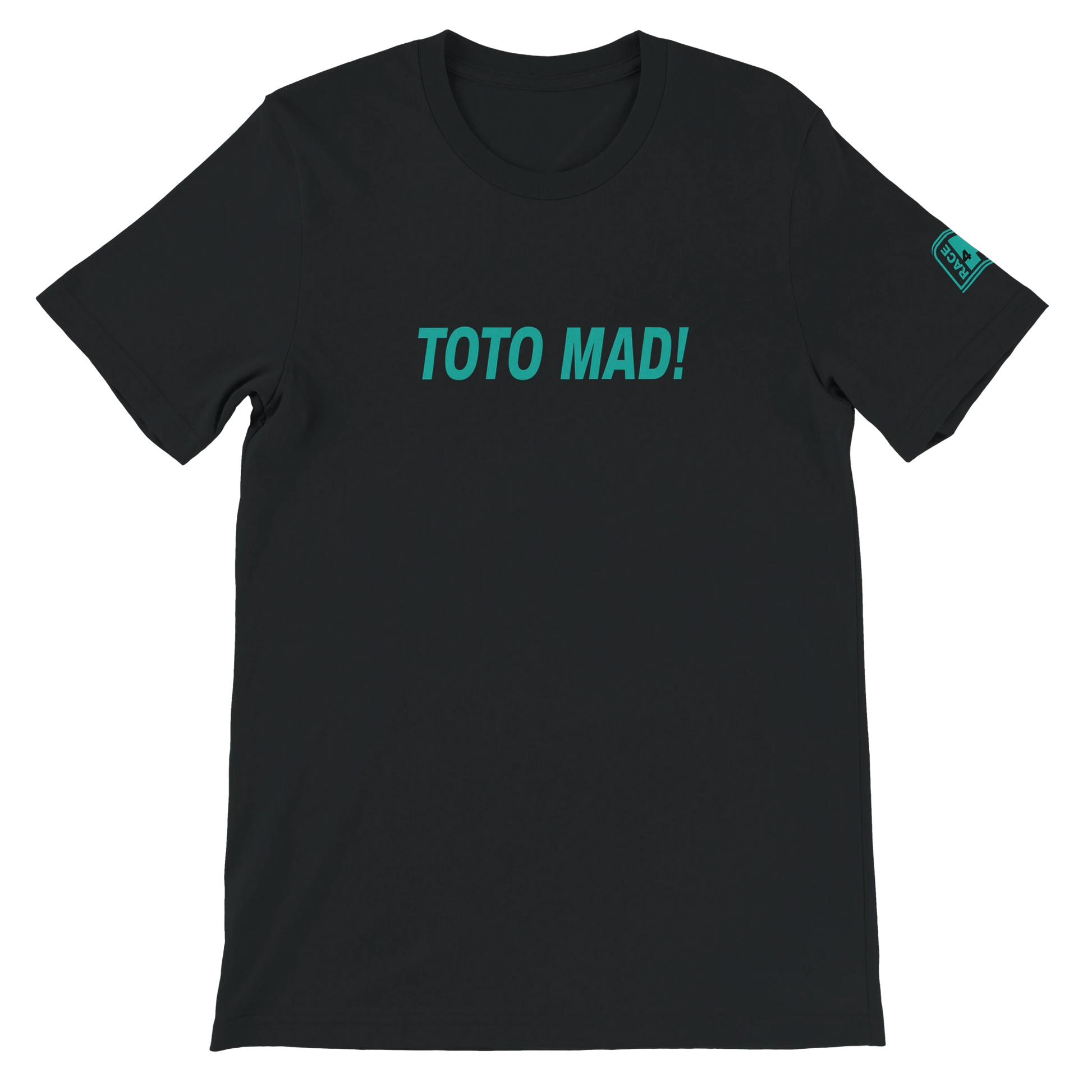 TOTO MAD! Race4P1 Originals – teal full chest print on black Bella+Canvas 3001 unisex tee