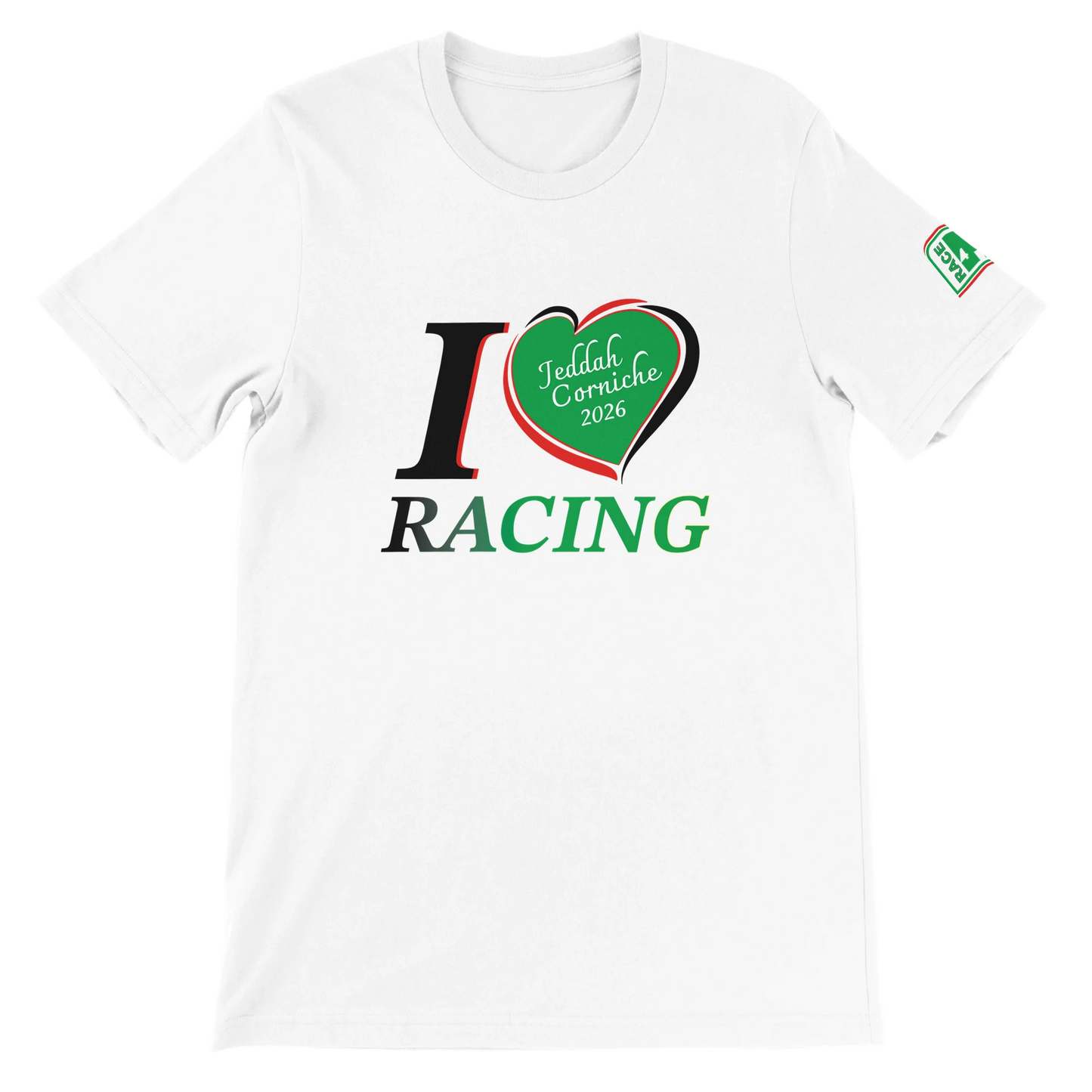 “White unisex racing t-shirt with I Love Racing graphic and Jeddah Corniche heart, Jeddah Track Week 2026”