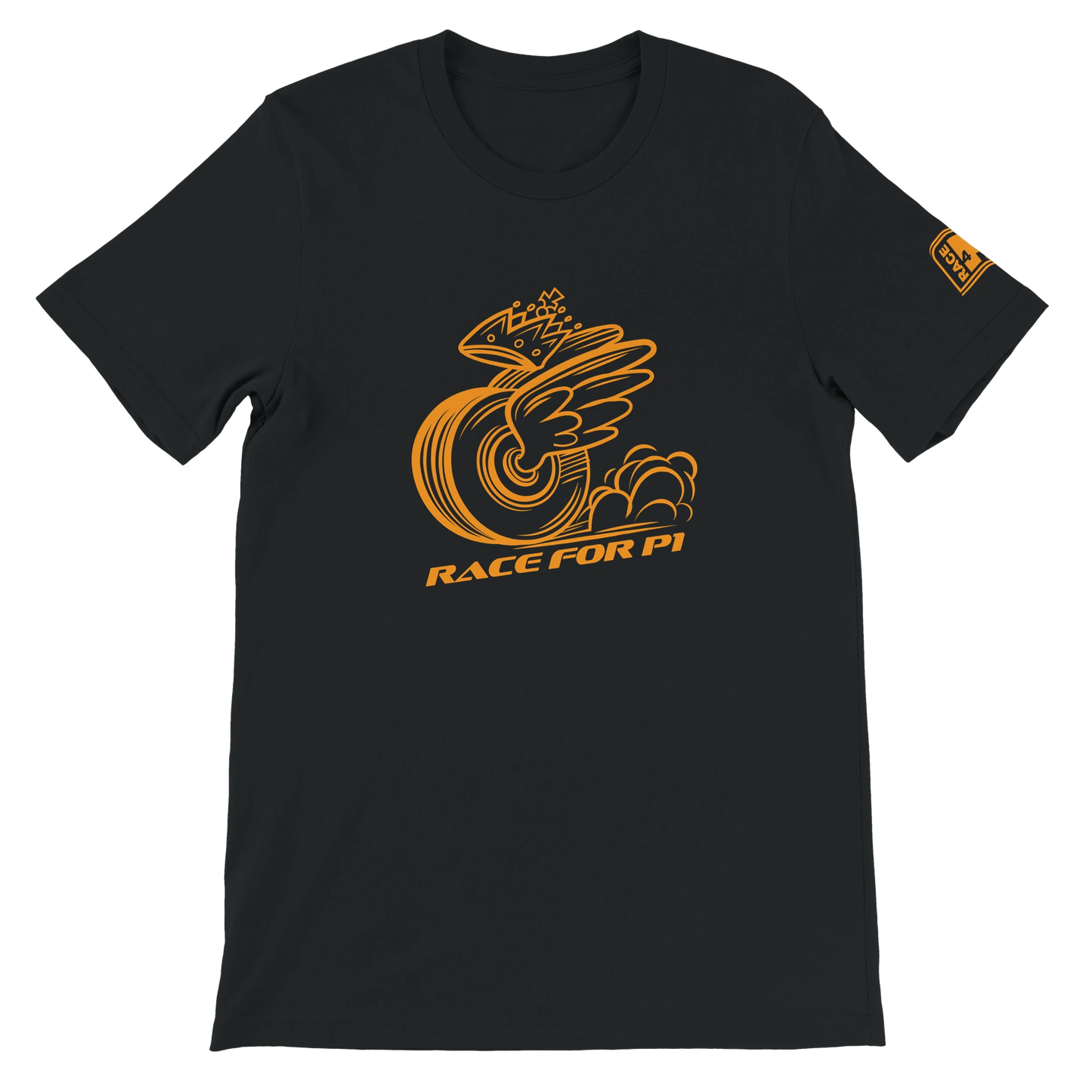 RACE FOR P1 Race4P1 Originals – papaya orange mascot print on black Bella+Canvas 3001 unisex tee