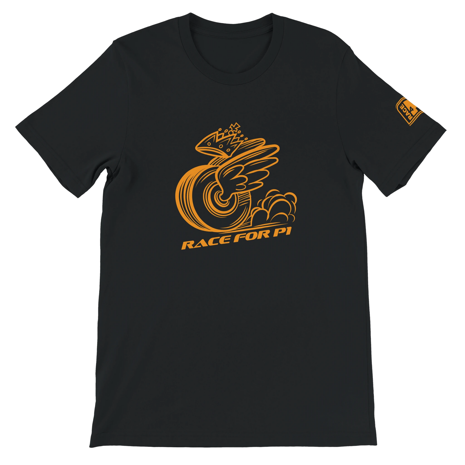 RACE FOR P1 Race4P1 Originals – papaya orange mascot print on black Bella+Canvas 3001 unisex tee