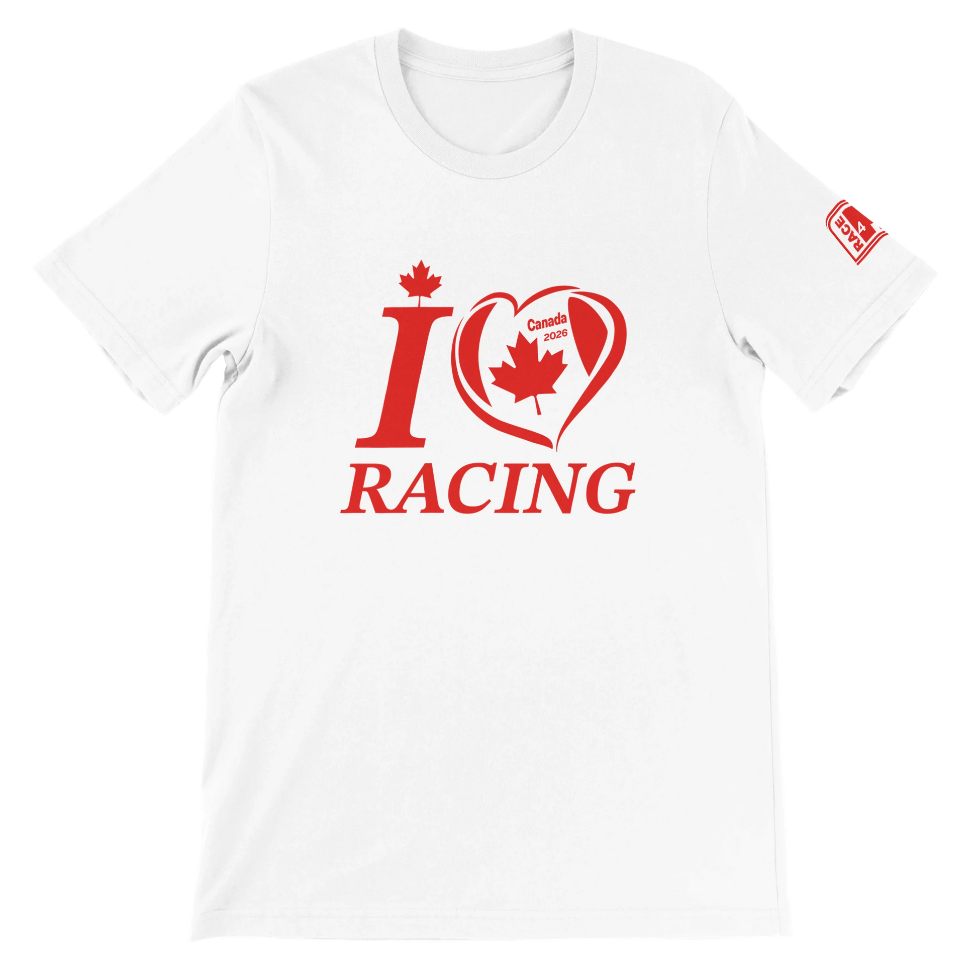 “White unisex racing t-shirt with I Love Racing graphic and maple leaf heart, Canada Track Week 2026”