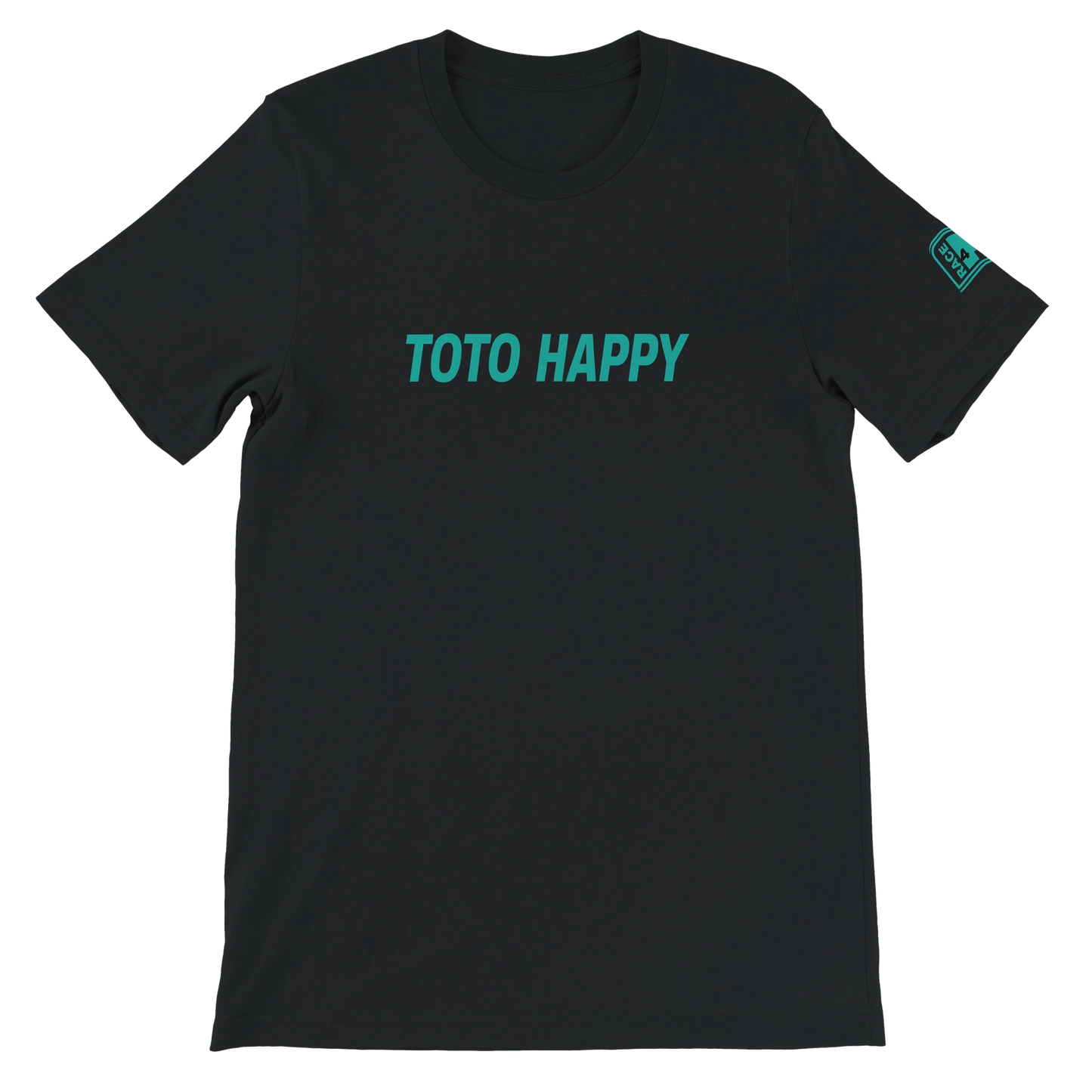 TOTO HAPPY Race4P1 Originals – teal full chest print on black Bella+Canvas 3001 unisex tee