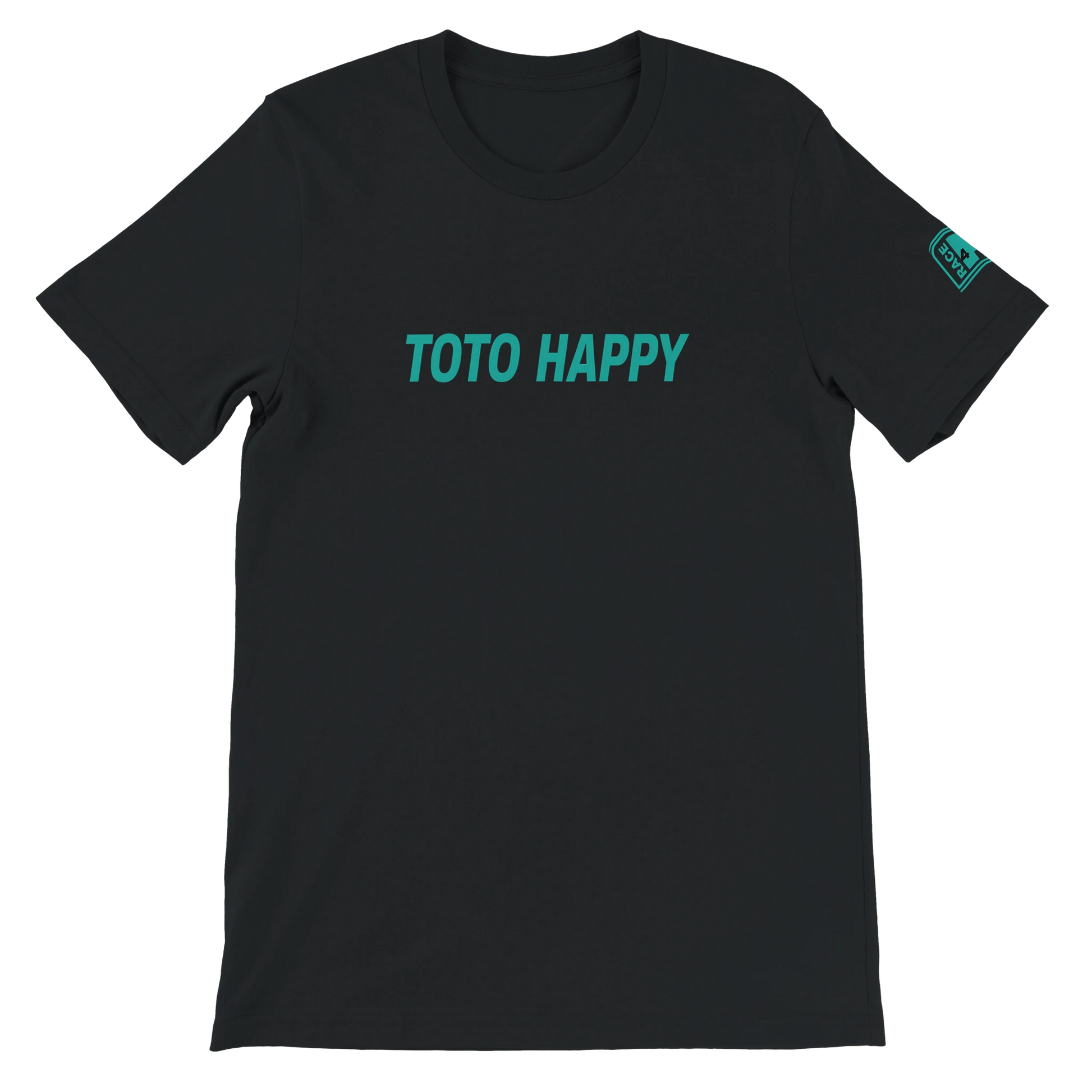TOTO HAPPY Race4P1 Originals – teal full chest print on black Bella+Canvas 3001 unisex tee