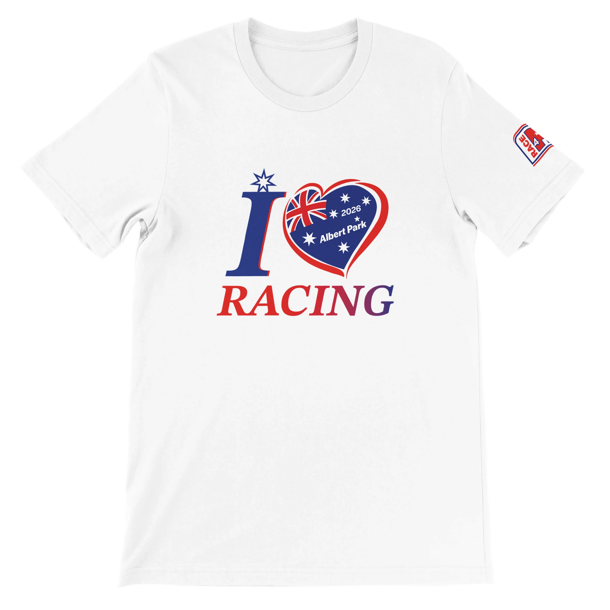 “White unisex racing t-shirt with I Love Racing graphic and Australia flag heart, Track Week 2026”