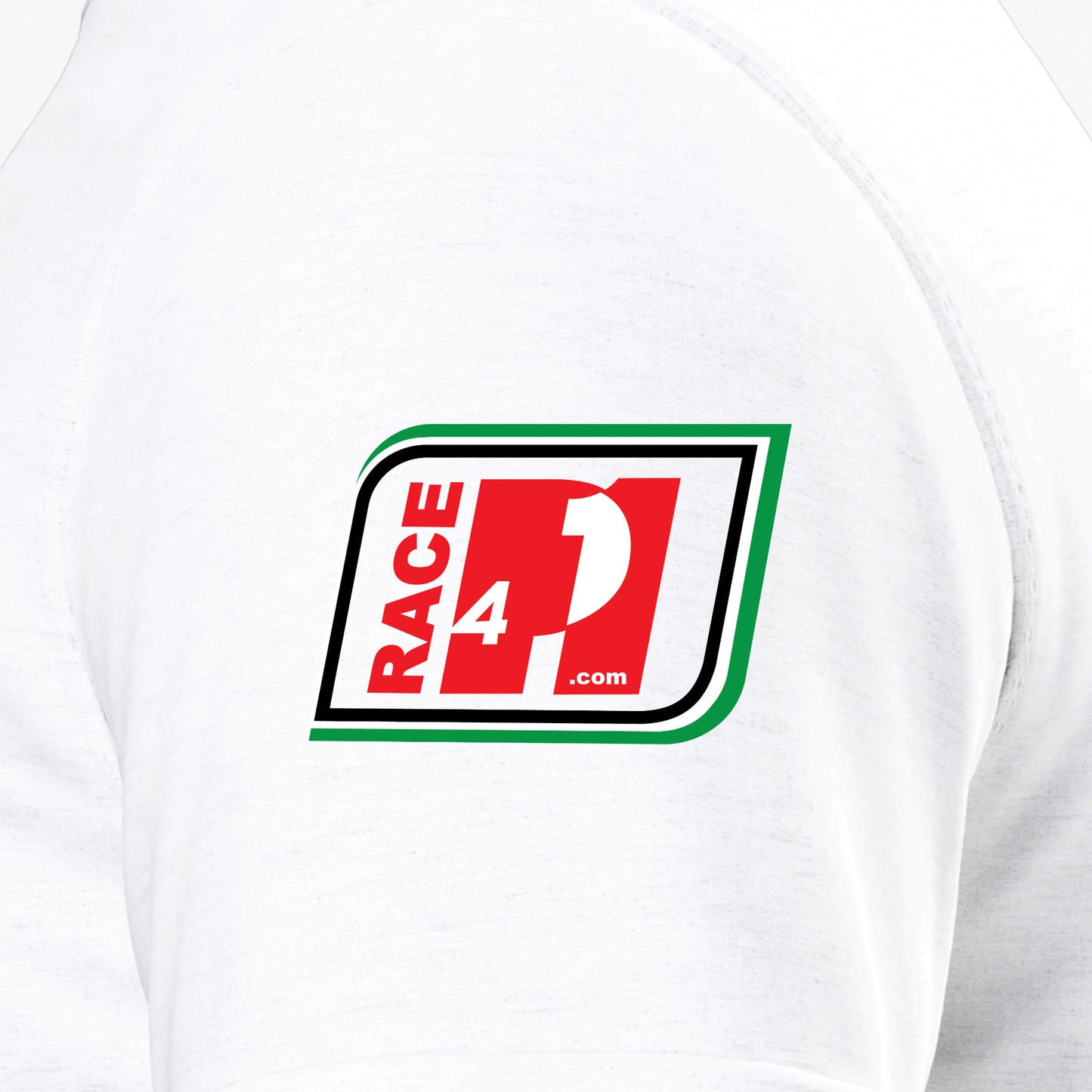 Close-up of Race4P1 sleeve patch on white I Love Racing Abu Dhabi Track Week 2026 t-shirt