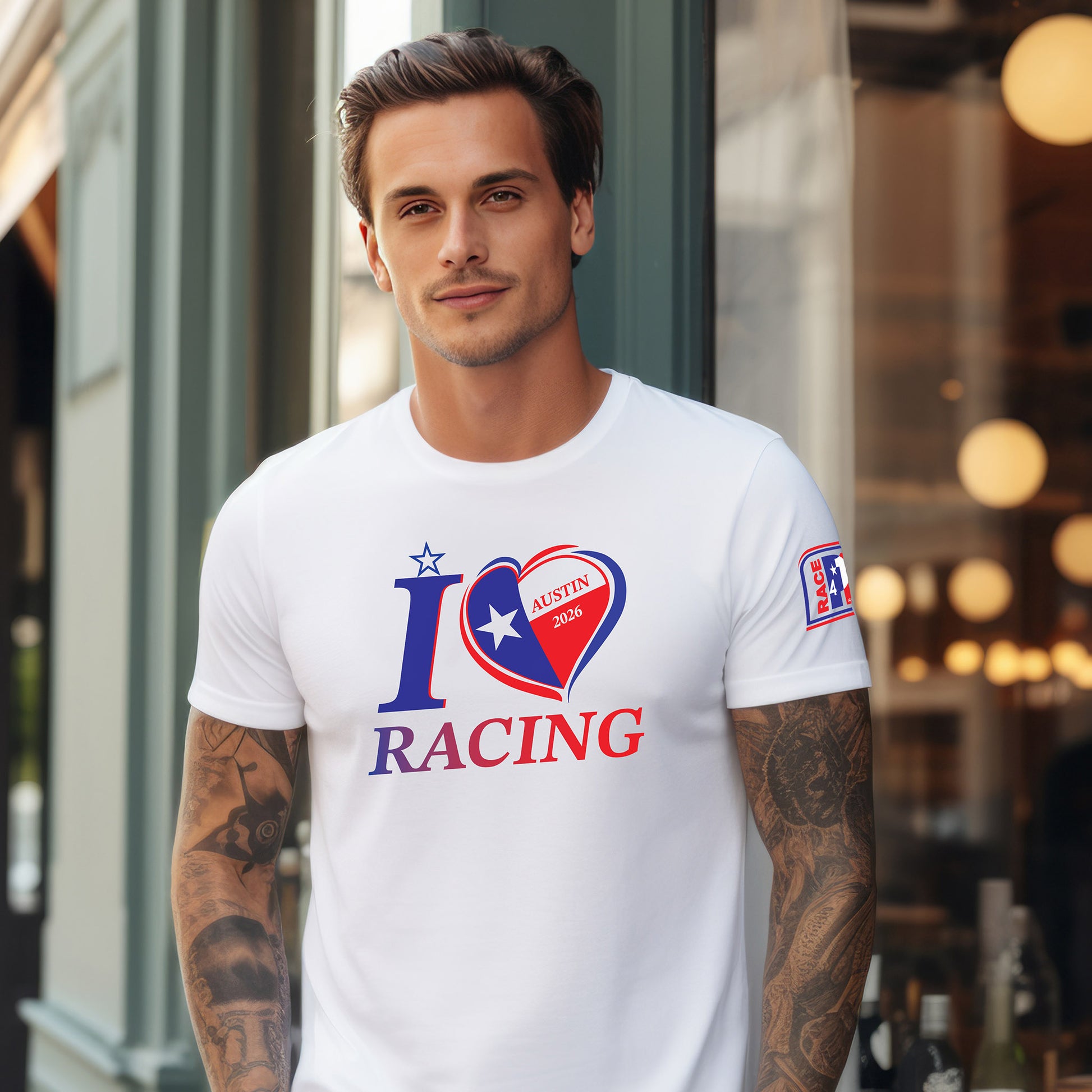 “Male model wearing white I Love Racing Austin Track Week 2026 t-shirt with USA flag heart graphic.”