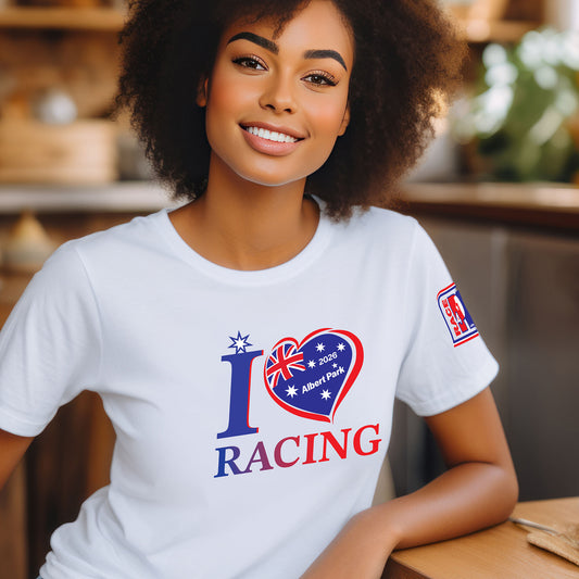 Female model wearing a white I Love Racing Australia Track Week 2026 t-shirt