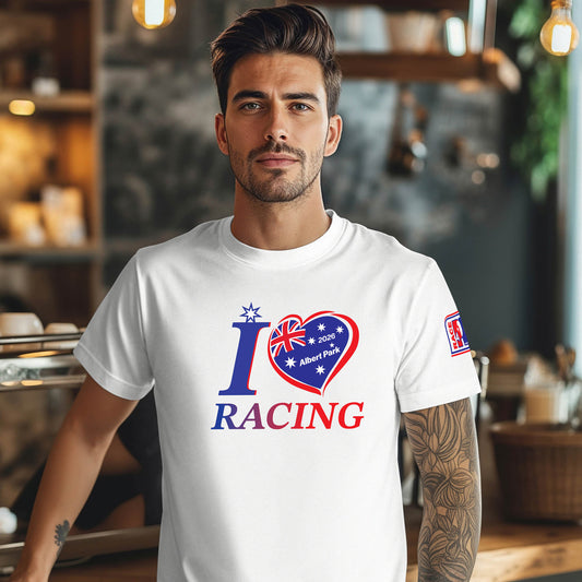 Male model wearing a white I Love Racing Australia flag heart Track Week 2026 Australia 