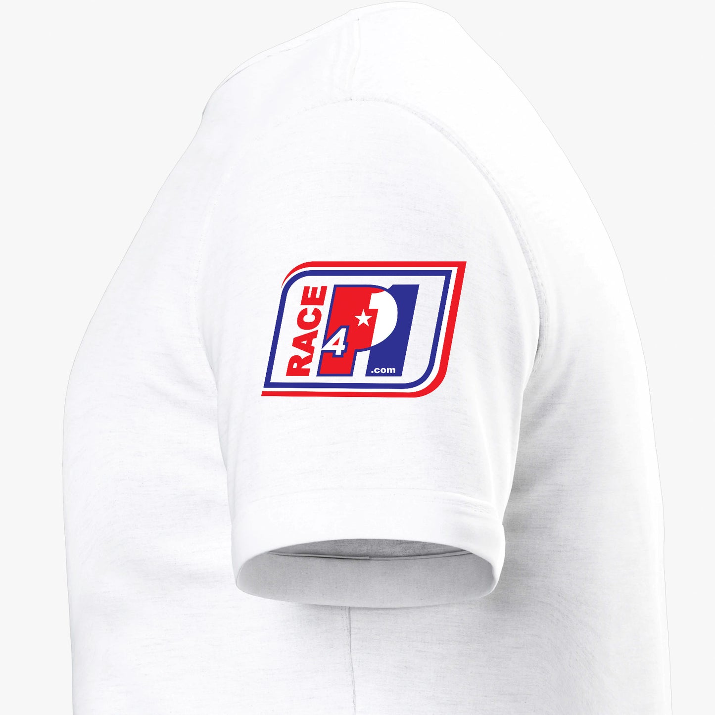 Close-up of Race4P1 sleeve patch on a white I Love Racing Australia Track Week 2026 t-shirt