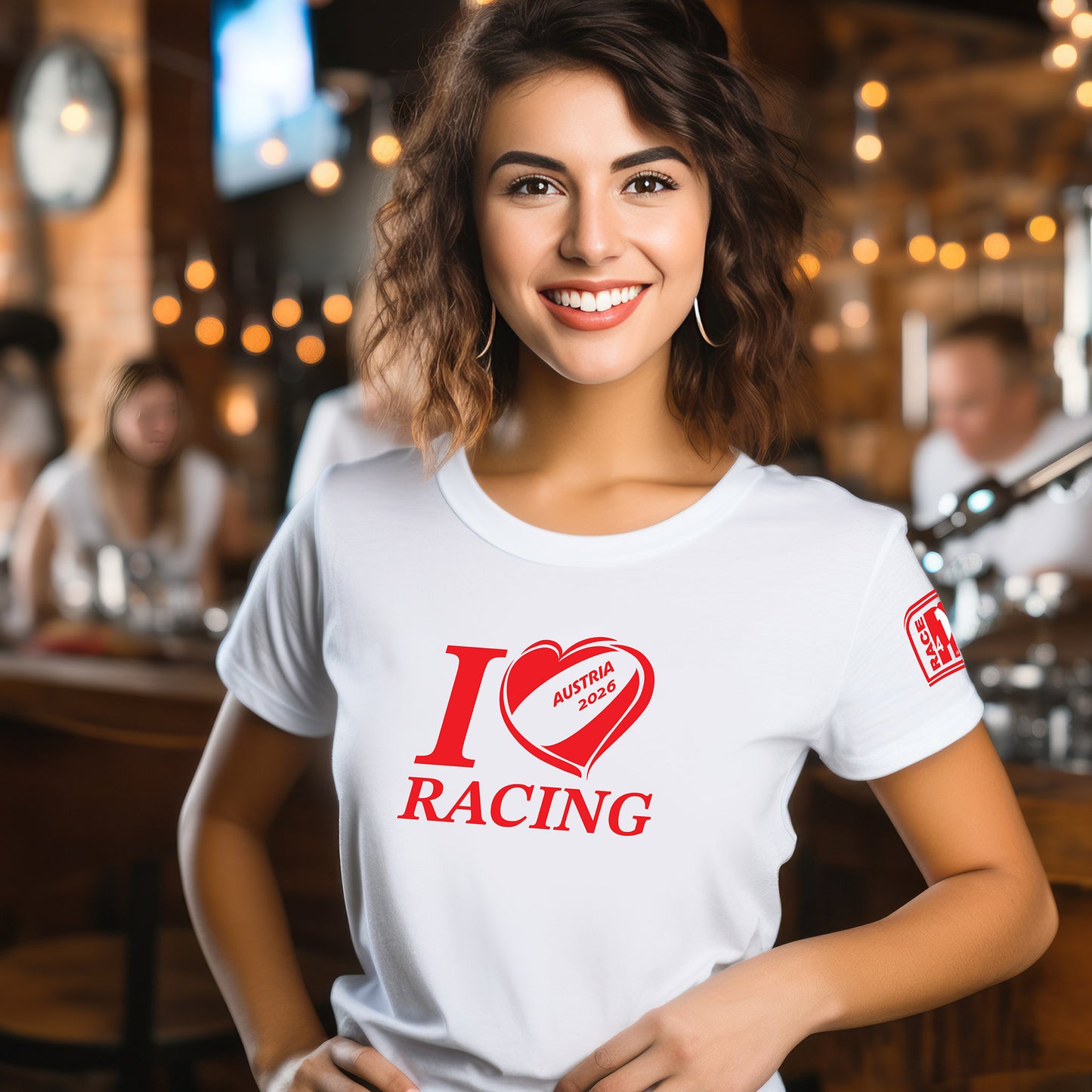 Female model wearing white I Love Racing Austria Track Week 2026 T-shirt with Race4P1 sleeve patch.