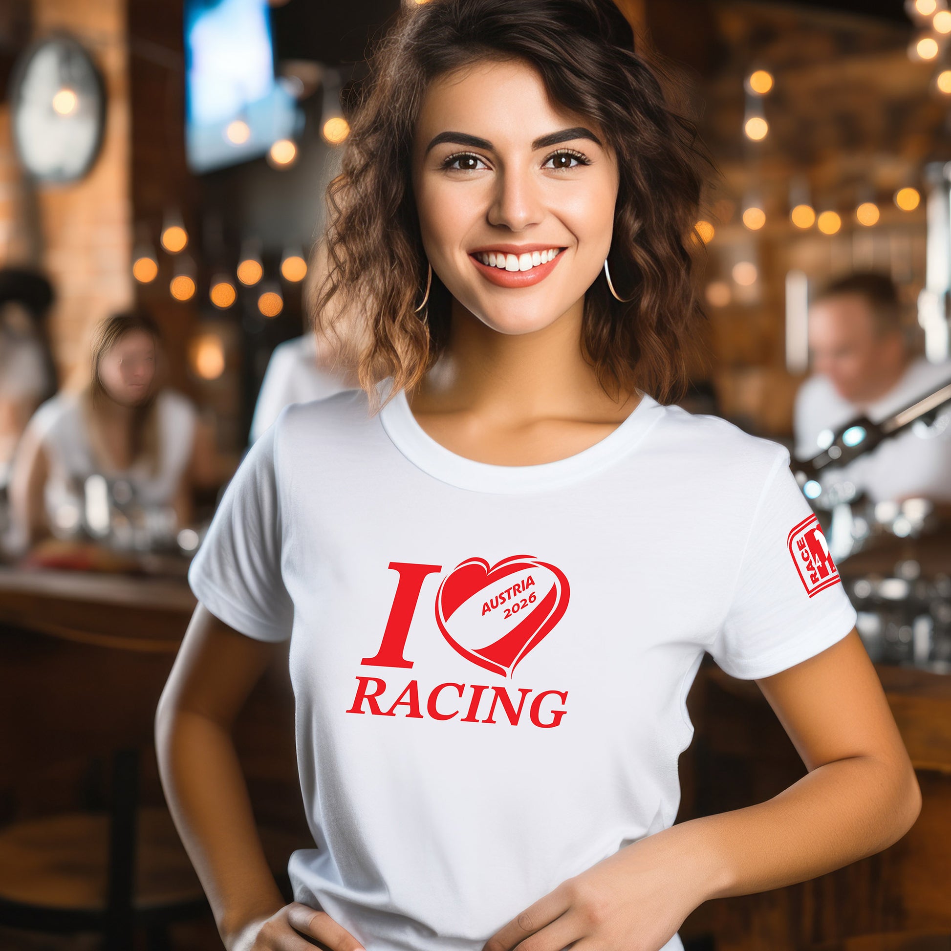 Female model wearing white I Love Racing Austria Track Week 2026 T-shirt with Race4P1 sleeve patch.