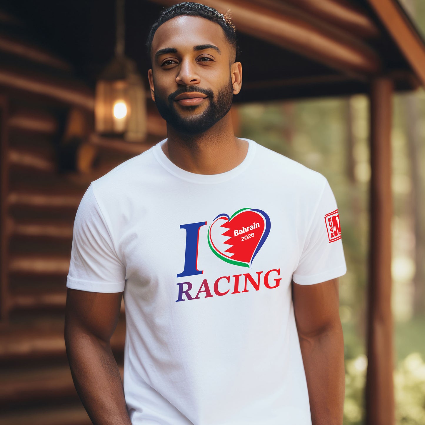 Male model wearing a white unisex racing t-shirt with I Love Racing graphic and Bahrain flag heart, Bahrain Track Week 2026