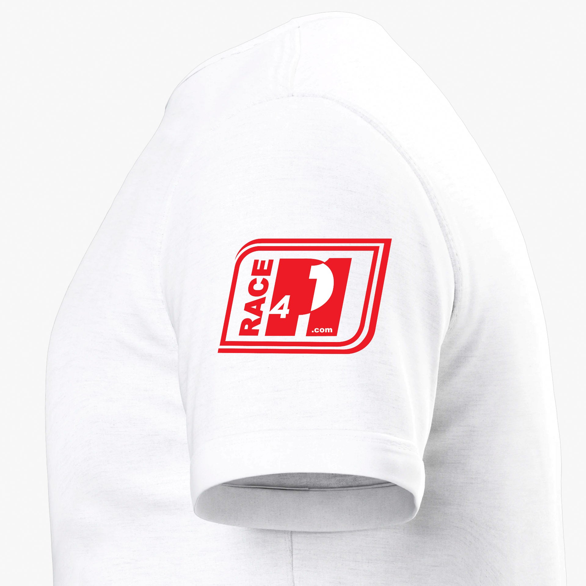 Close-up of Race4P1 sleeve patch on a white I Love Racing Bahrain Track Week 2026 t-shirt