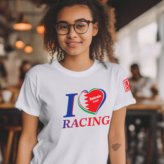 Female model wearing a white I Love Racing Bahrain Track Week 2026 t-shirt