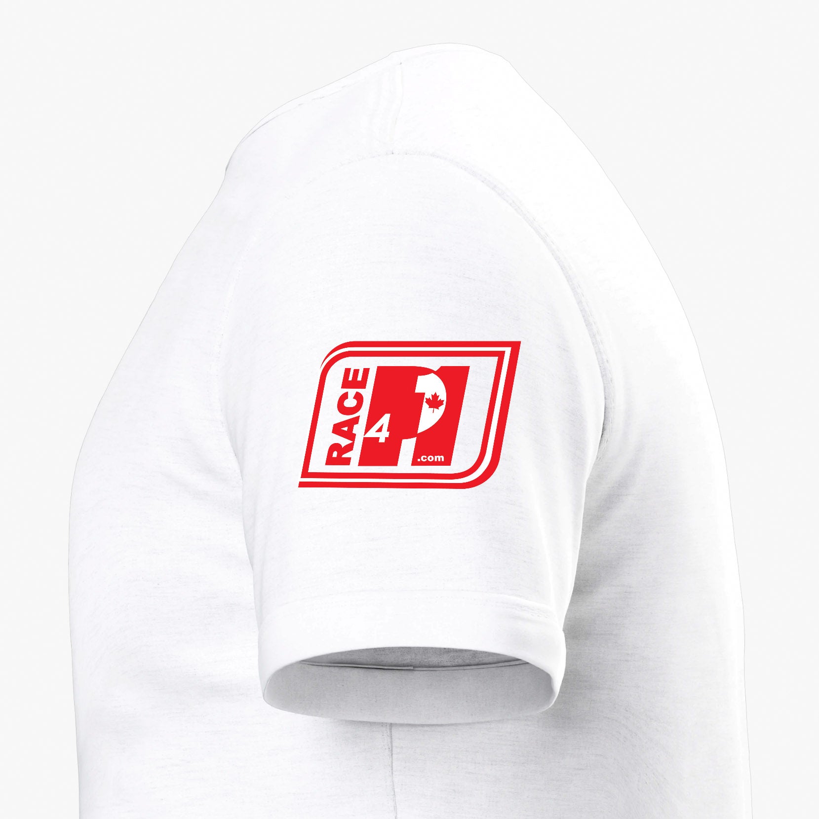 Close-up of Race4P1 sleeve patch on white I Love Racing Canada Track Week 2026 t-shirt