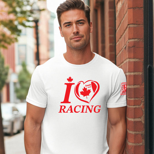 White unisex racing t-shirt with I Love Racing graphic and maple leaf heart, Canada Track Week 2026