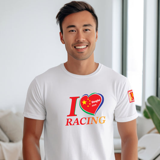 Male model wearing a white unisex racing t-shirt with I Love Racing graphic and China flag heart, Shanghai Track Week 2026
