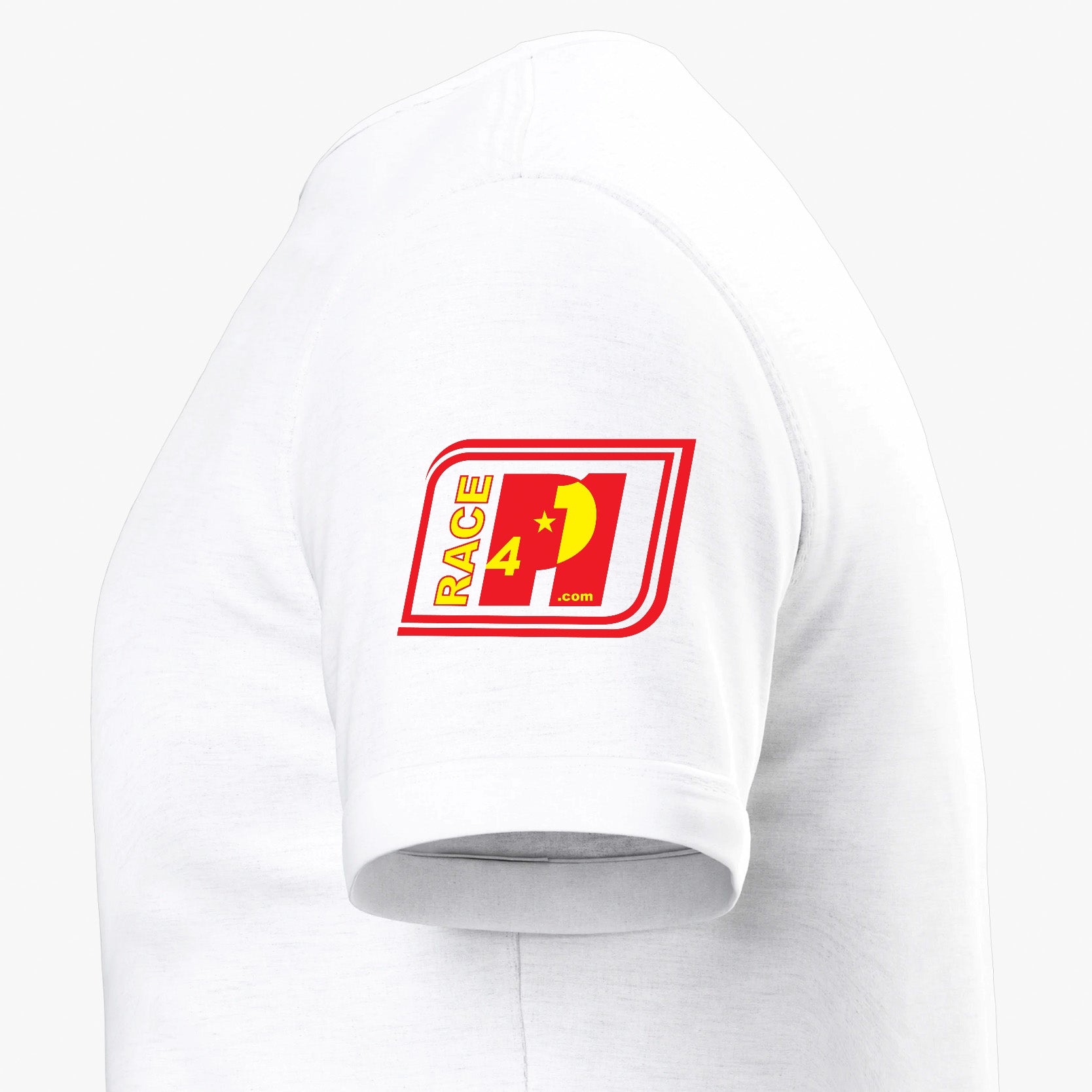 Close-up of Race4P1 sleeve patch on a white I Love Racing China Shanghai Track Week 2026 t-shirt