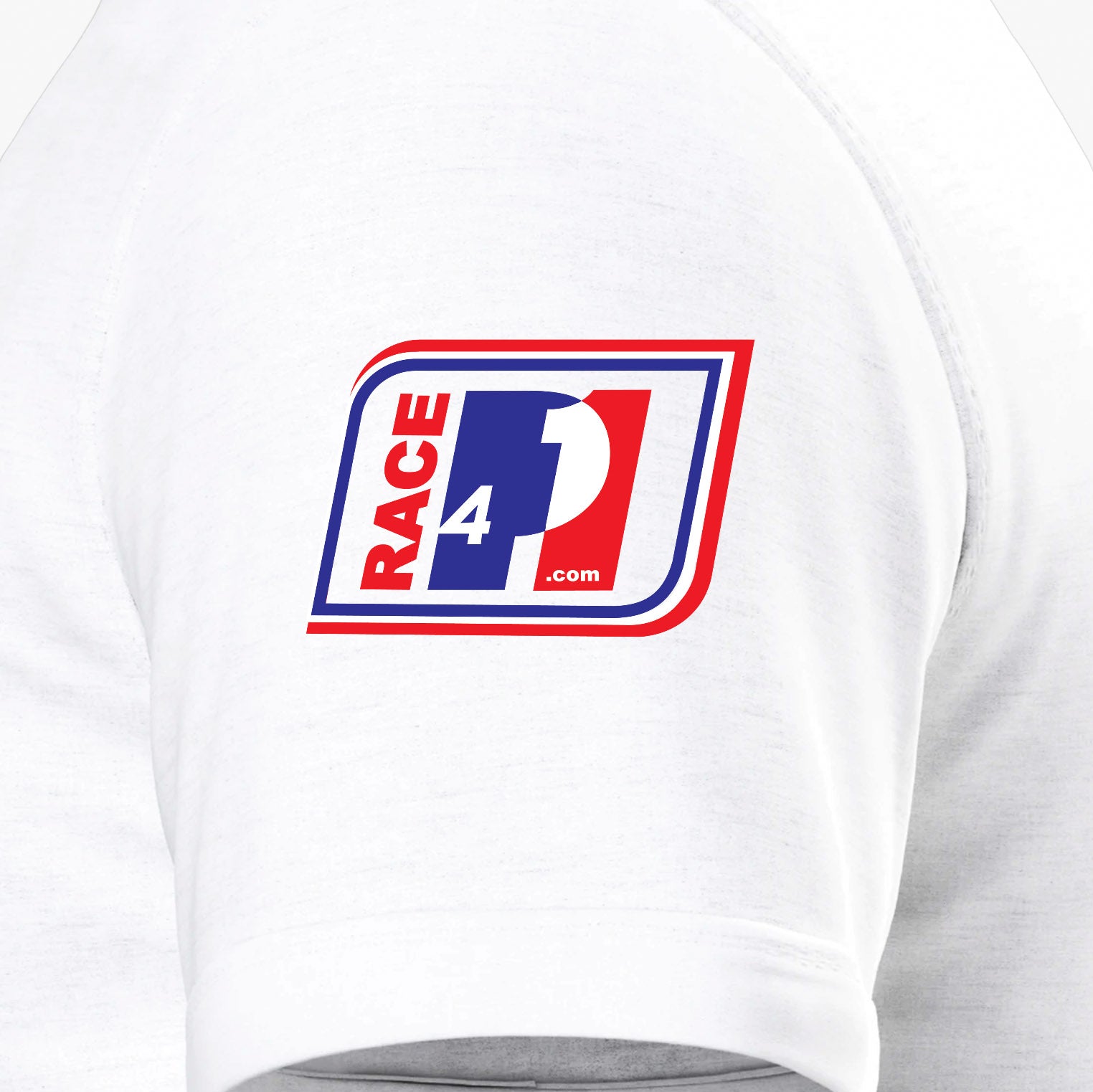 Close-up of Race4P1 sleeve patch on white I Love Racing Great Britain Track Week 2026 t-shirt
