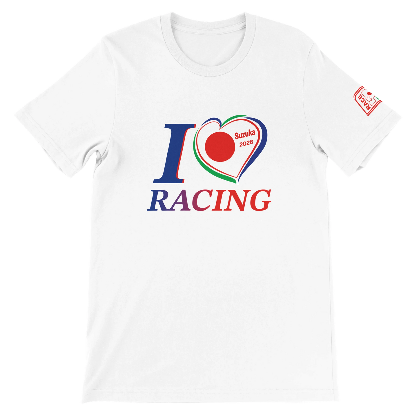 “White unisex racing t-shirt with I Love Racing graphic and Japan-inspired heart, Suzuka Track Week 2026”