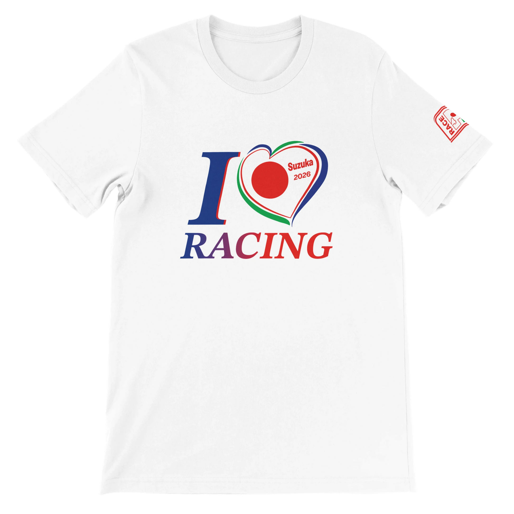 “White unisex racing t-shirt with I Love Racing graphic and Japan-inspired heart, Suzuka Track Week 2026”